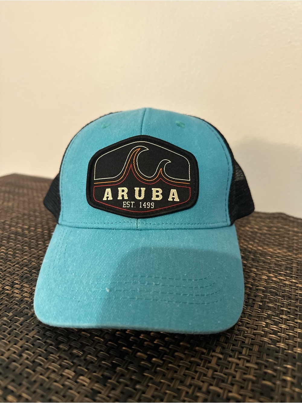 Aruba "Est. 1499" Turquoise & Black Mesh Trucker Hat - Beach Souvenir Cap